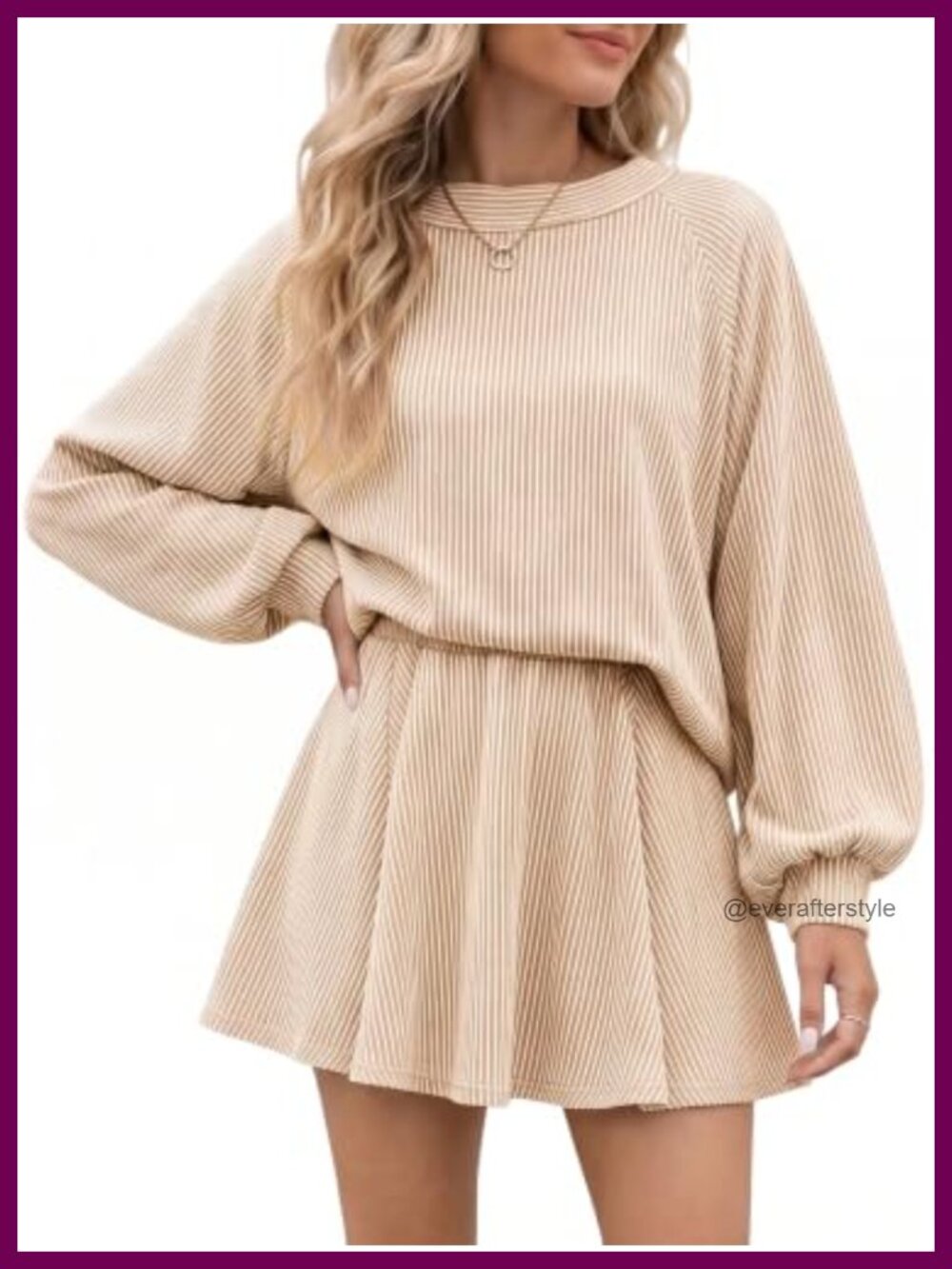 2 Piece Striped Knit Skirt Set Balloon Sleeve High Waisted Mini A-Line